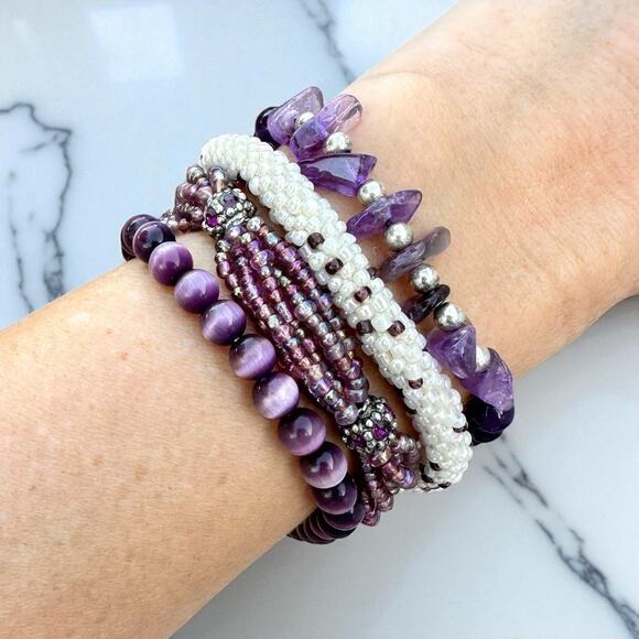 Purple Glass Seed Bead Cat Eye Amethyst Rhinestone Stretch Bracelet Stack - Picture 1 of 7